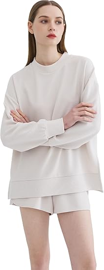 Womens 2 Piece Lounge Sets Summer Casual Outfits Long Sleeve Top with Shorts Comfy Sweatsuits Ribbed Pj Matching Set