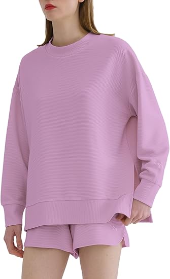 Womens 2 Piece Lounge Sets Summer Casual Outfits Long Sleeve Top with Shorts Comfy Sweatsuits Ribbed Pj Matching Set