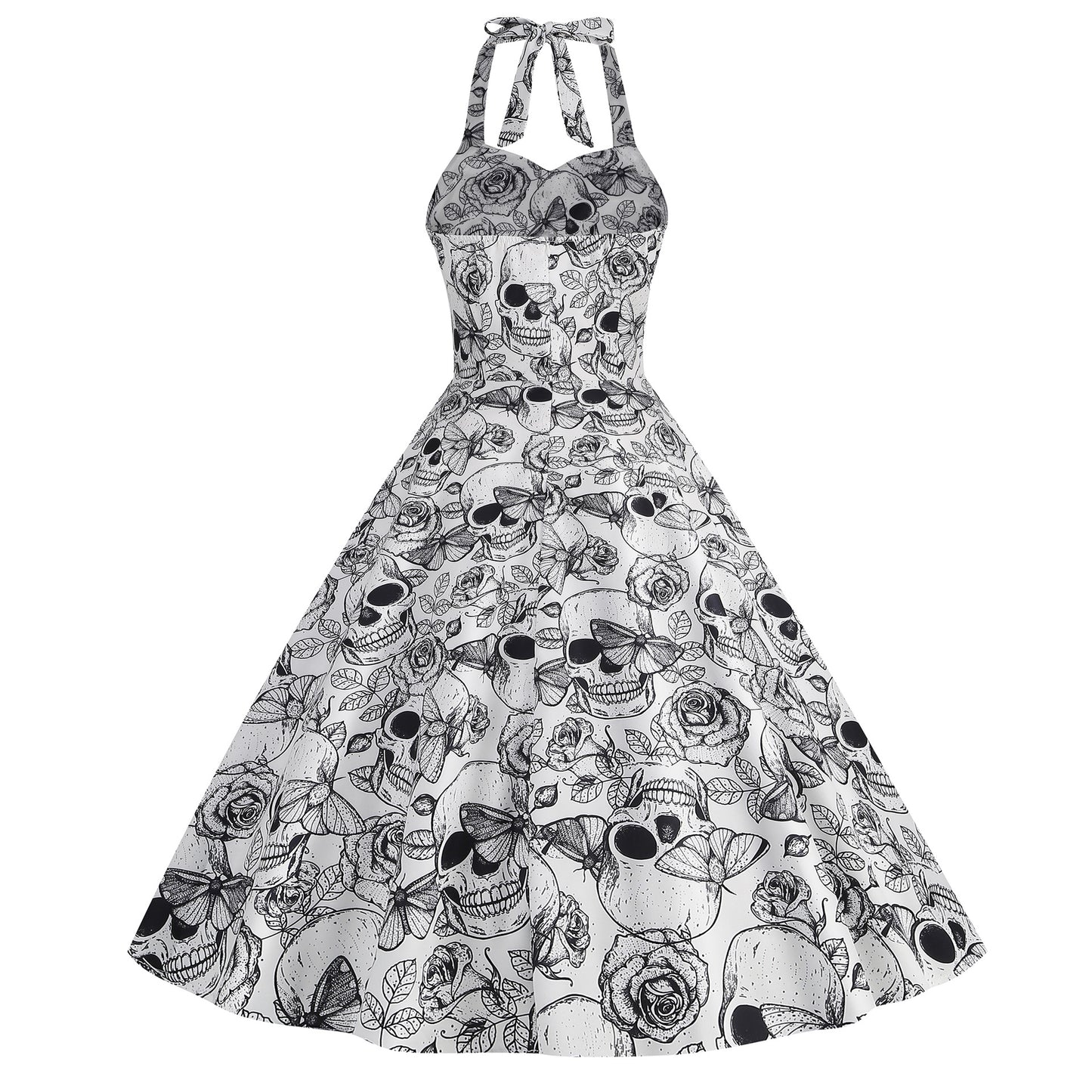 Retro Skull Flexible Print Halter Swing Dress