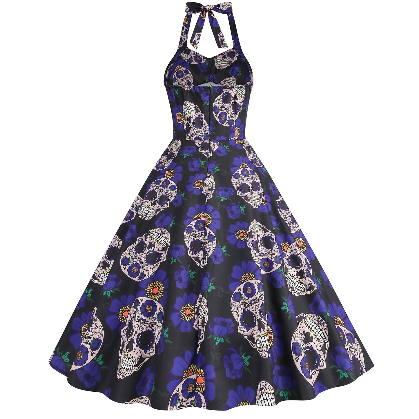 Retro Skull Flexible Print Halter Swing Dress