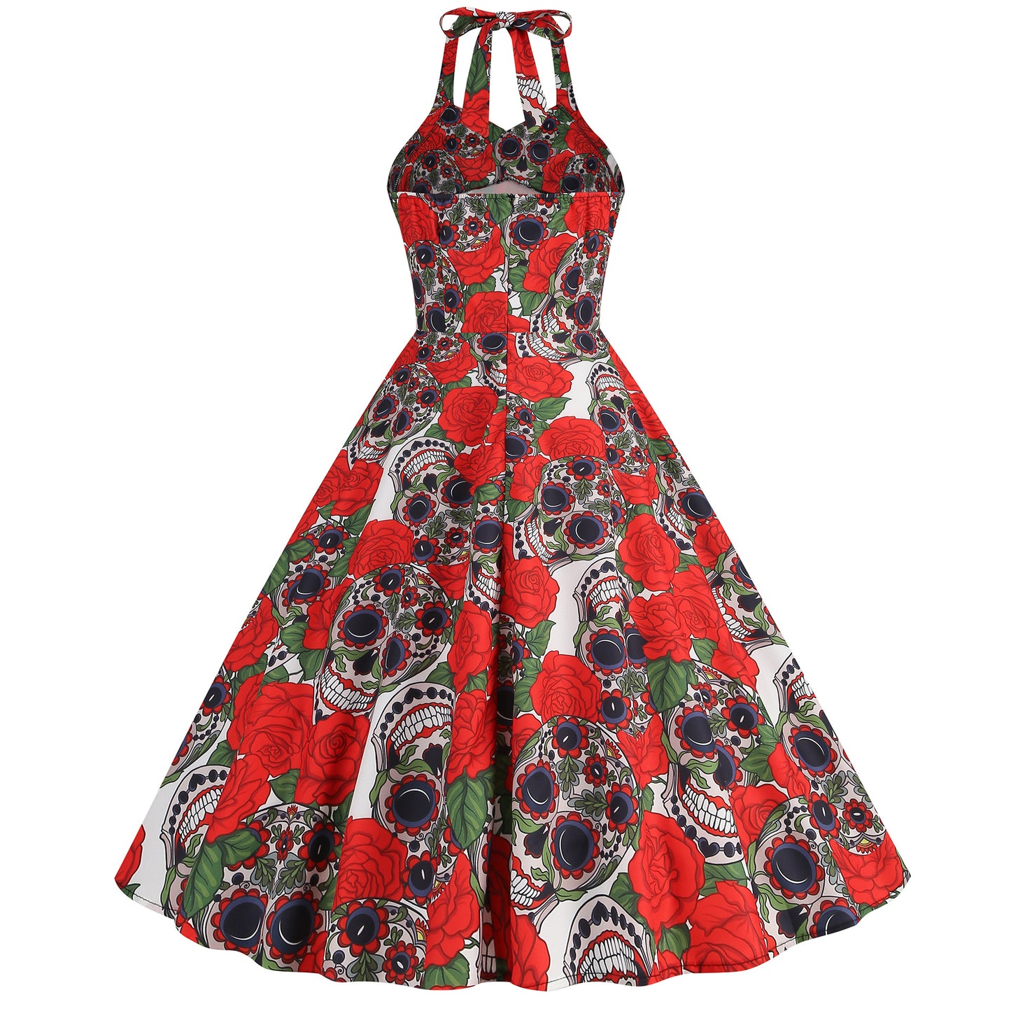 Retro Skull Flexible Print Halter Swing Dress