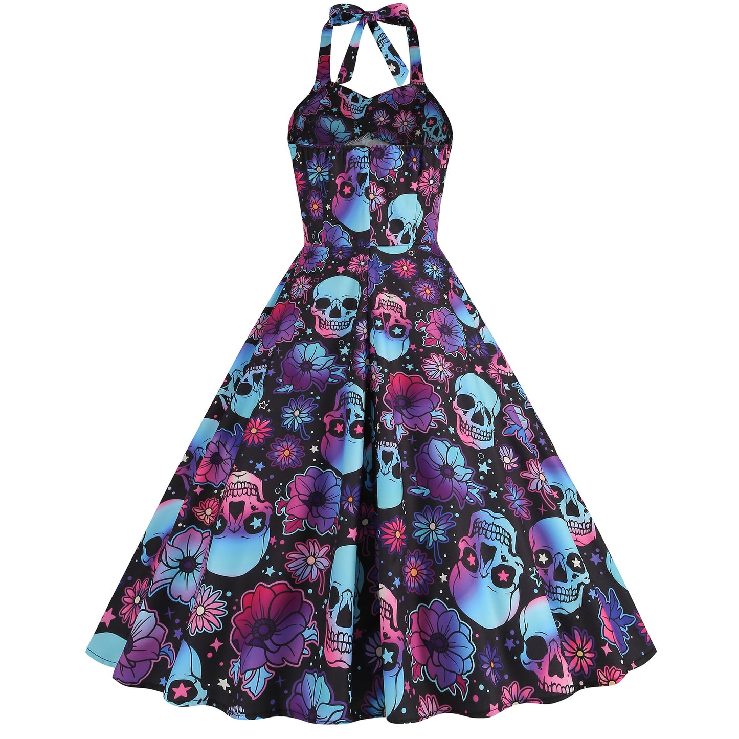 Retro Skull Flexible Print Halter Swing Dress