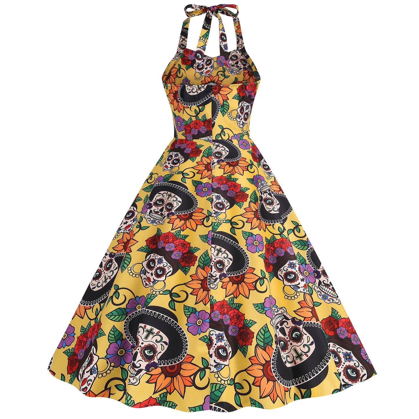 Retro Skull Flexible Print Halter Swing Dress