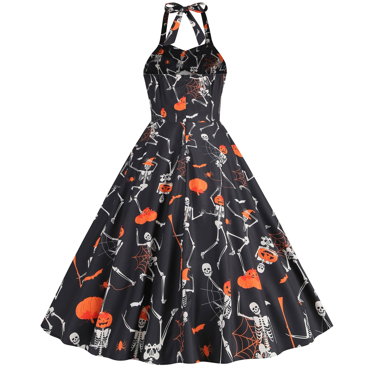 Retro Skull Flexible Print Halter Swing Dress