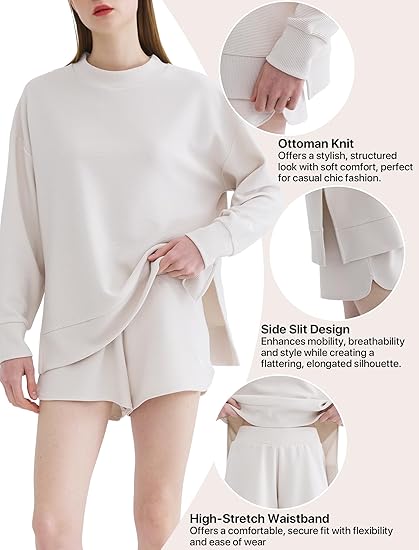 Womens 2 Piece Lounge Sets Summer Casual Outfits Long Sleeve Top with Shorts Comfy Sweatsuits Ribbed Pj Matching Set