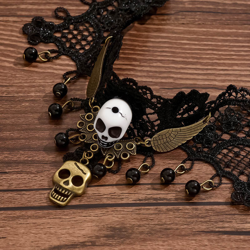 Gothic Skull Lace Choker Necklace & Earrings Set