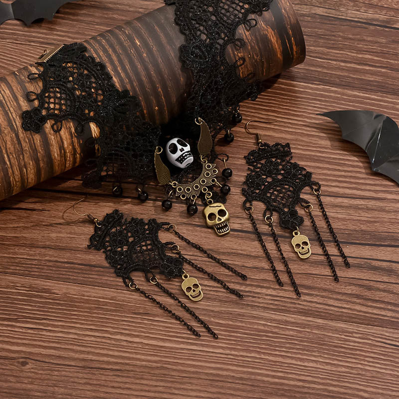 Gothic Skull Lace Choker Necklace & Earrings Set