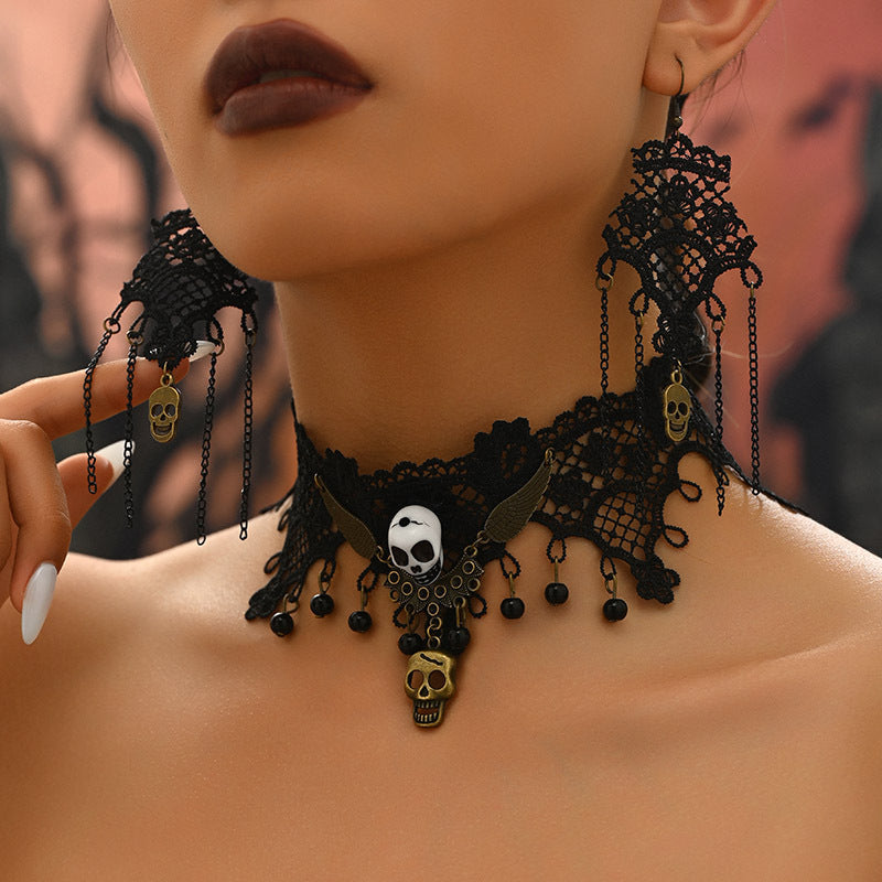 Gothic Skull Lace Choker Necklace & Earrings Set