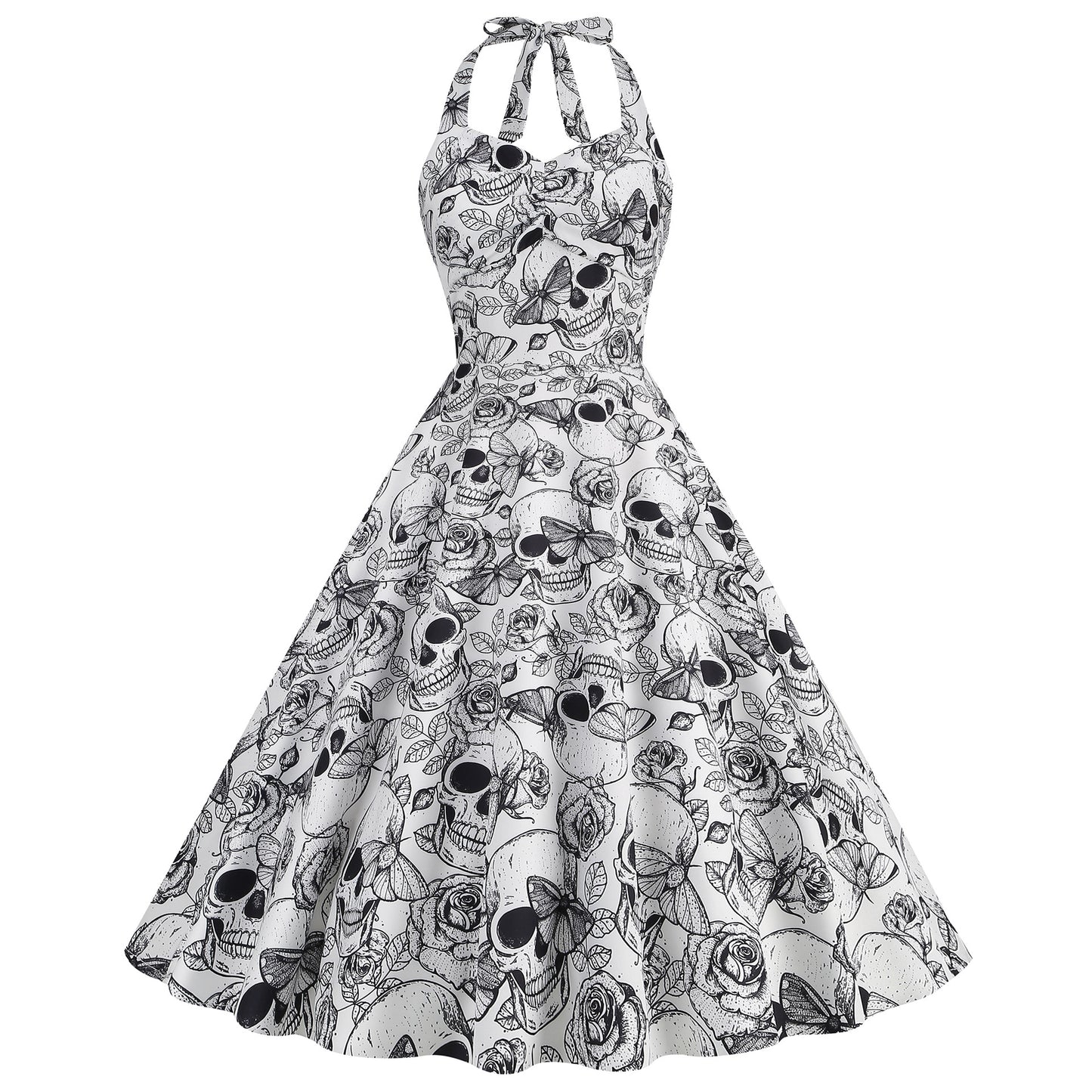 Retro Skull Flexible Print Halter Swing Dress