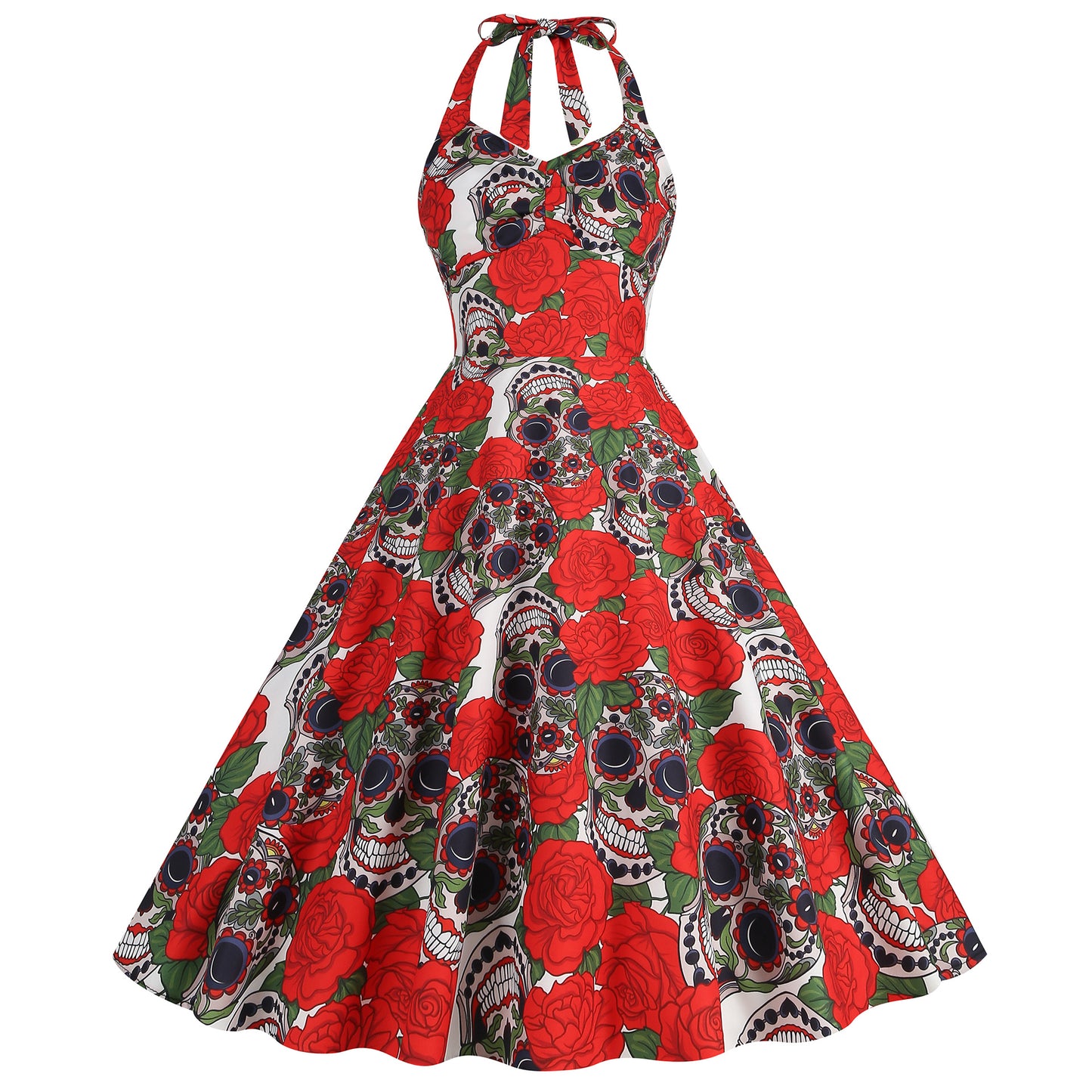 Retro Skull Flexible Print Halter Swing Dress