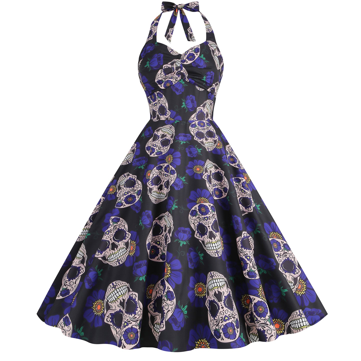 Retro Skull Flexible Print Halter Swing Dress