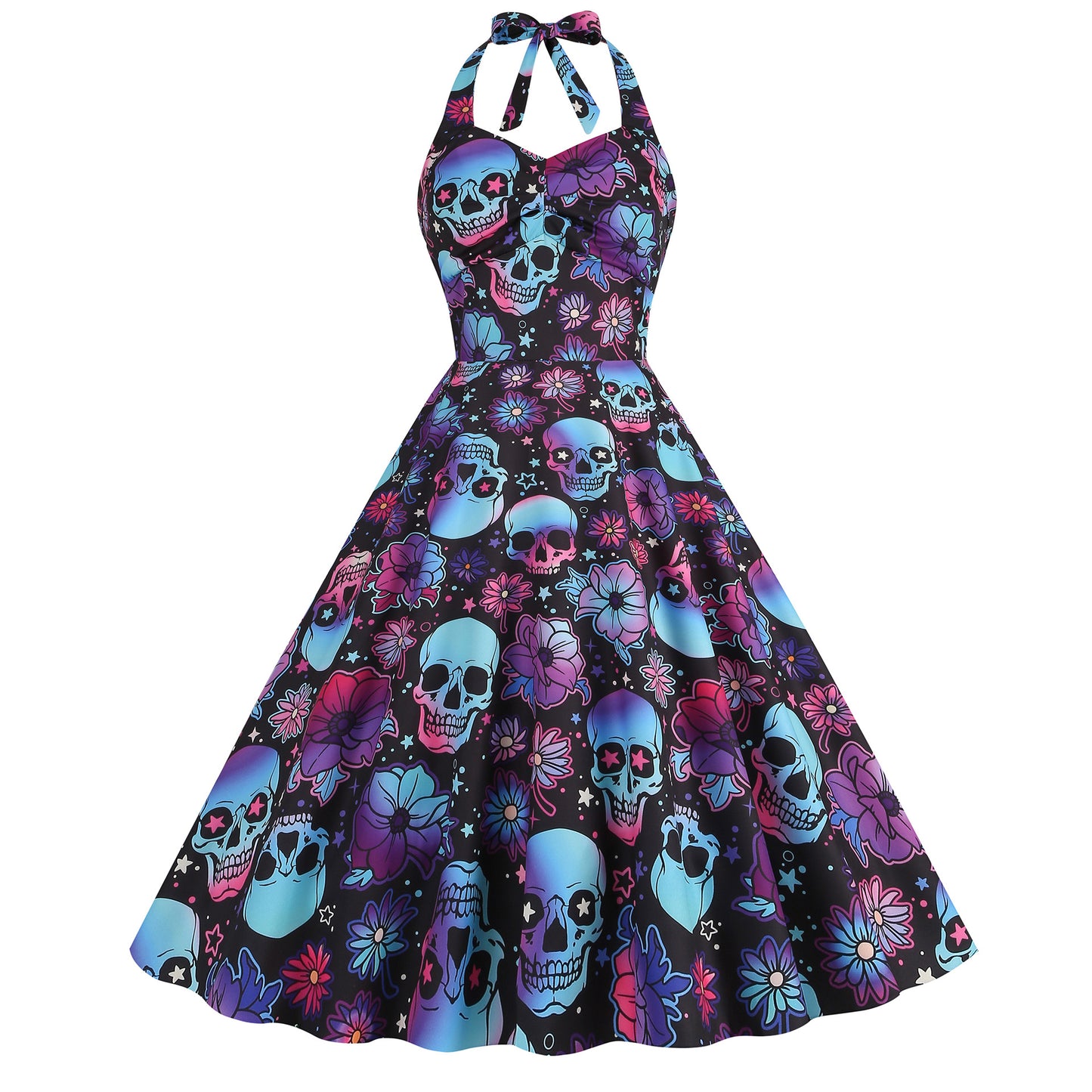 Retro Skull Flexible Print Halter Swing Dress