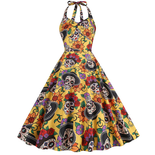 Retro Skull Flexible Print Halter Swing Dress