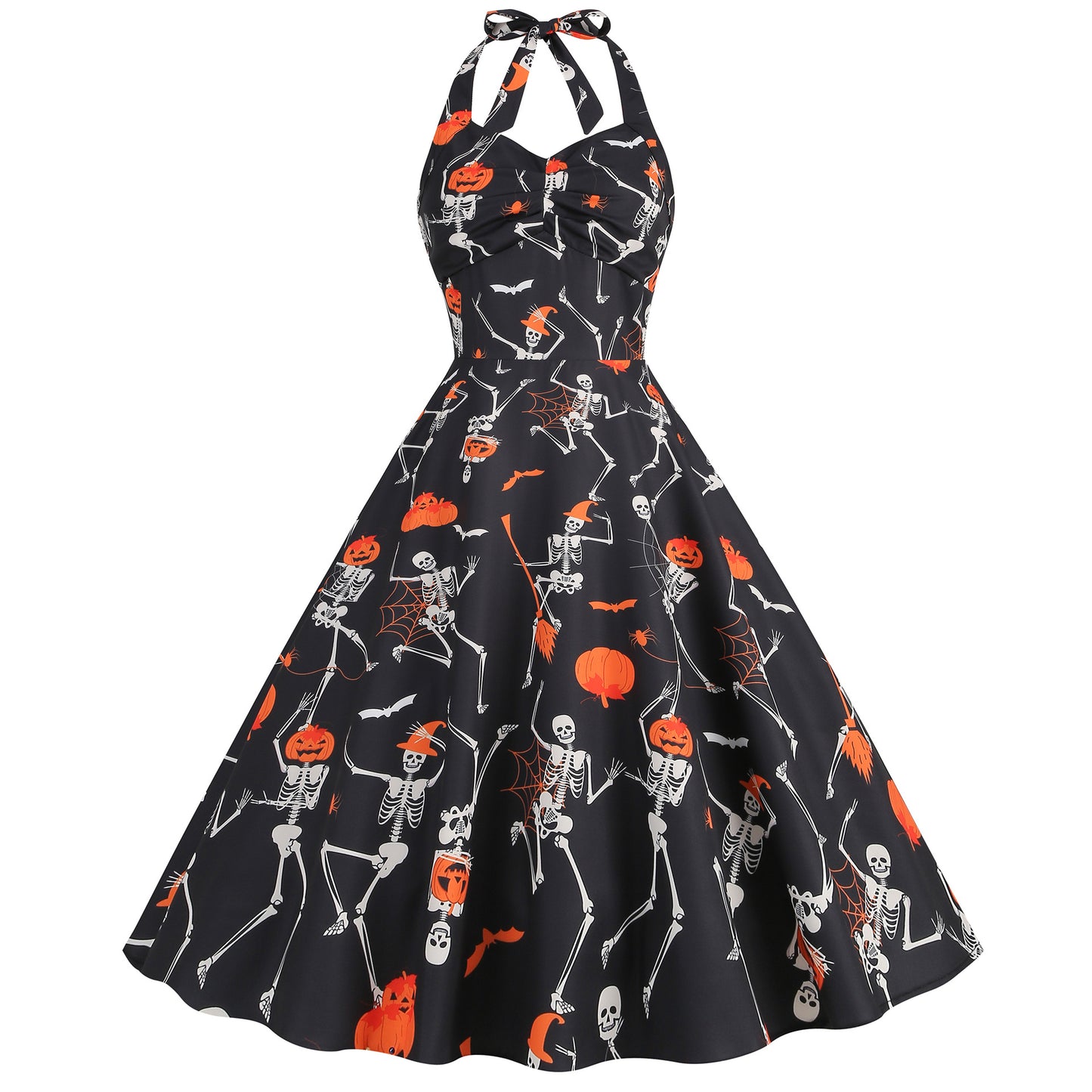 Retro Skull Flexible Print Halter Swing Dress